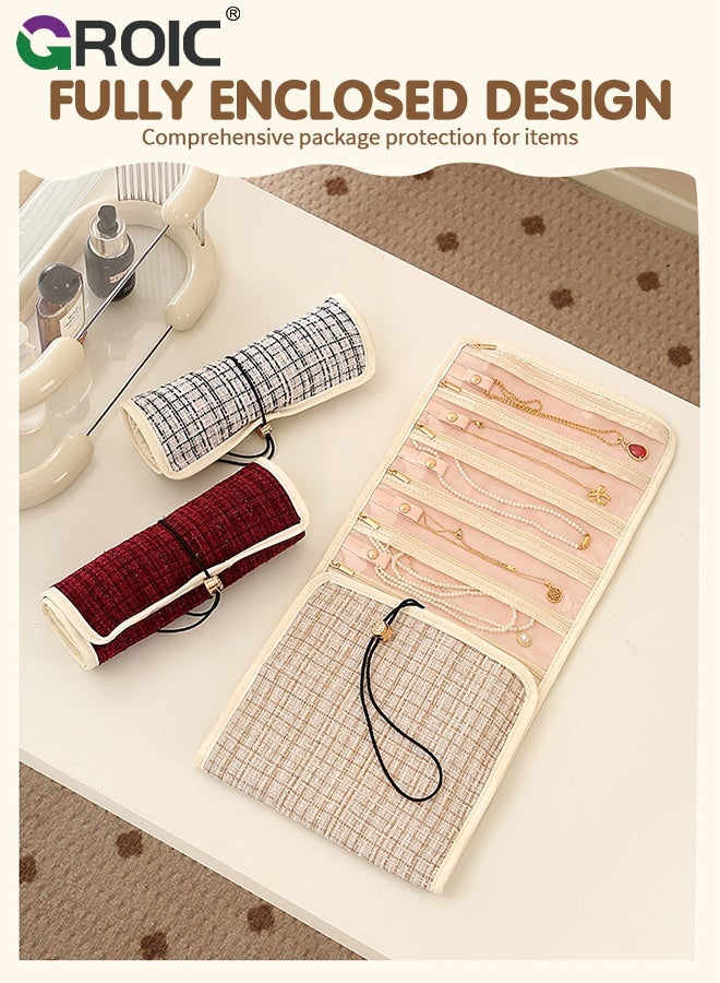 GROIC Jewelry Roll Bag, Travel Foldable Jewelry Roll Storage Case, Zippered Pockets for Traveling, Closet, Suitcase, Compact Storage Pouch for Rings, Earrings, Necklaces and Bracelets, Jewelry Pouch - Image 5